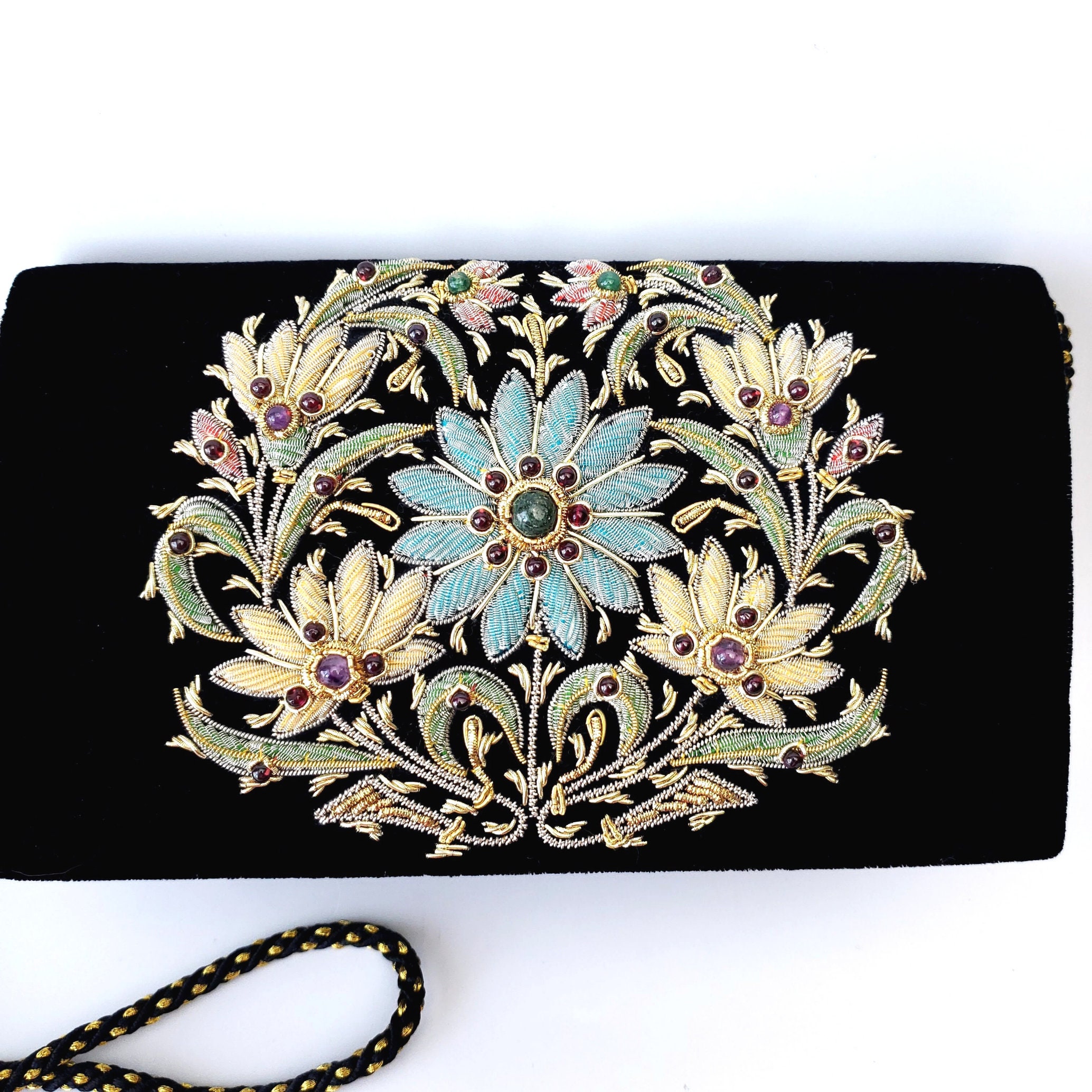 Black Velvet Evening Bag Embroidered Floral Party Clutch - Etsy