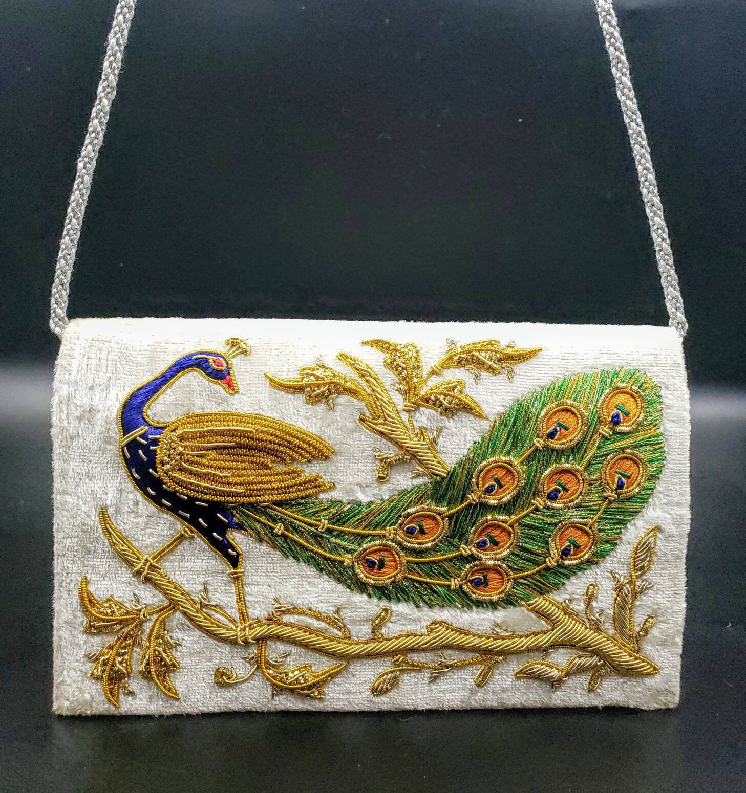 Peacock white velvet evening bag clutch, Zardozi jewel
