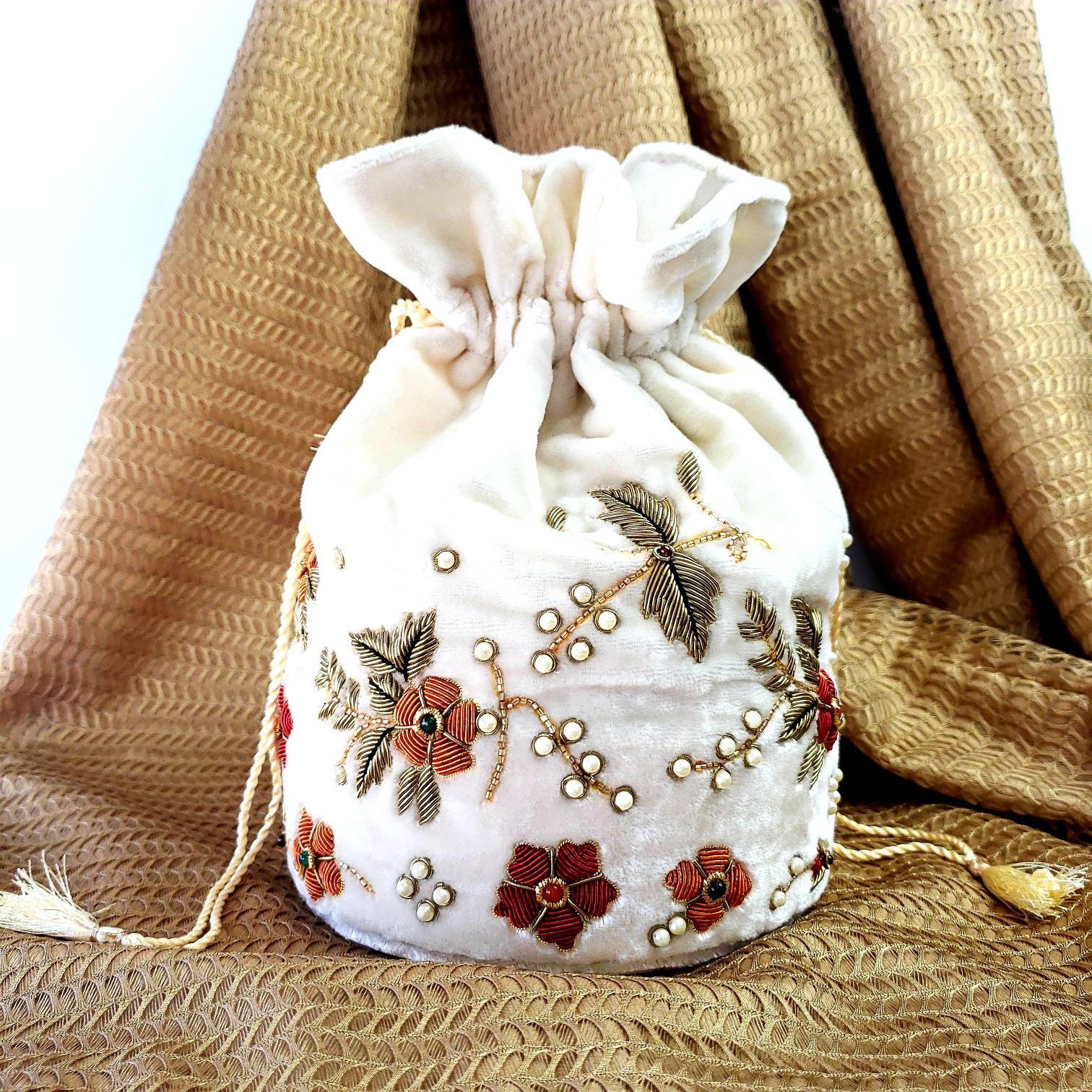 Indian potli bag, wrist bag, bucket bag, hand embroidered velvet