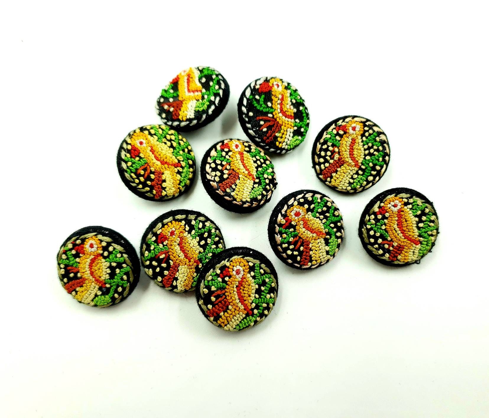 Embroidered parrot buttons, handcrafted fabric buttons, buttons with