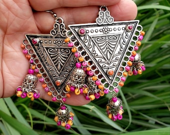 Kolczyki Jhumka z oksydowanego srebra: indyjska biżuteria w stylu boho bellydance