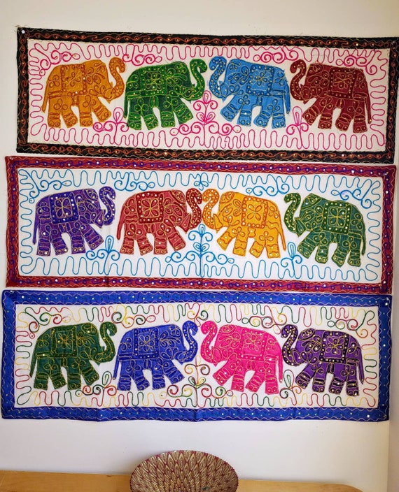 Long Embroidered Wall Hanging w Elephants Long Embroidered Wall Hanging w Elephants