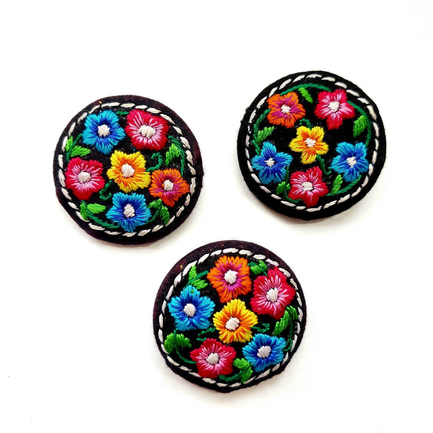 Handcrafted embroidered flower buttons, fabric buttons, collectible  buttons, decorative buttons, large colorful buttons, embellished buttons