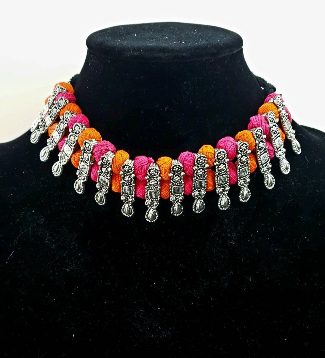 Afghani choker, Afghani jewelry, thread necklace, colorful choker, tribal  jewelry, bohemian necklace, ethnic jewelry, oxidized silver, India