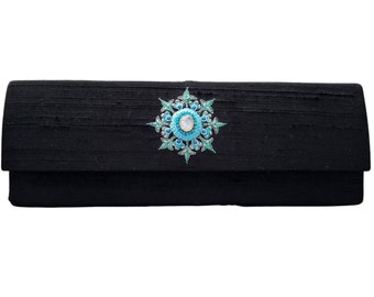 Zardozi Embroidered Black Silk Clutch: Quartz & Turquoise Evening Bag
