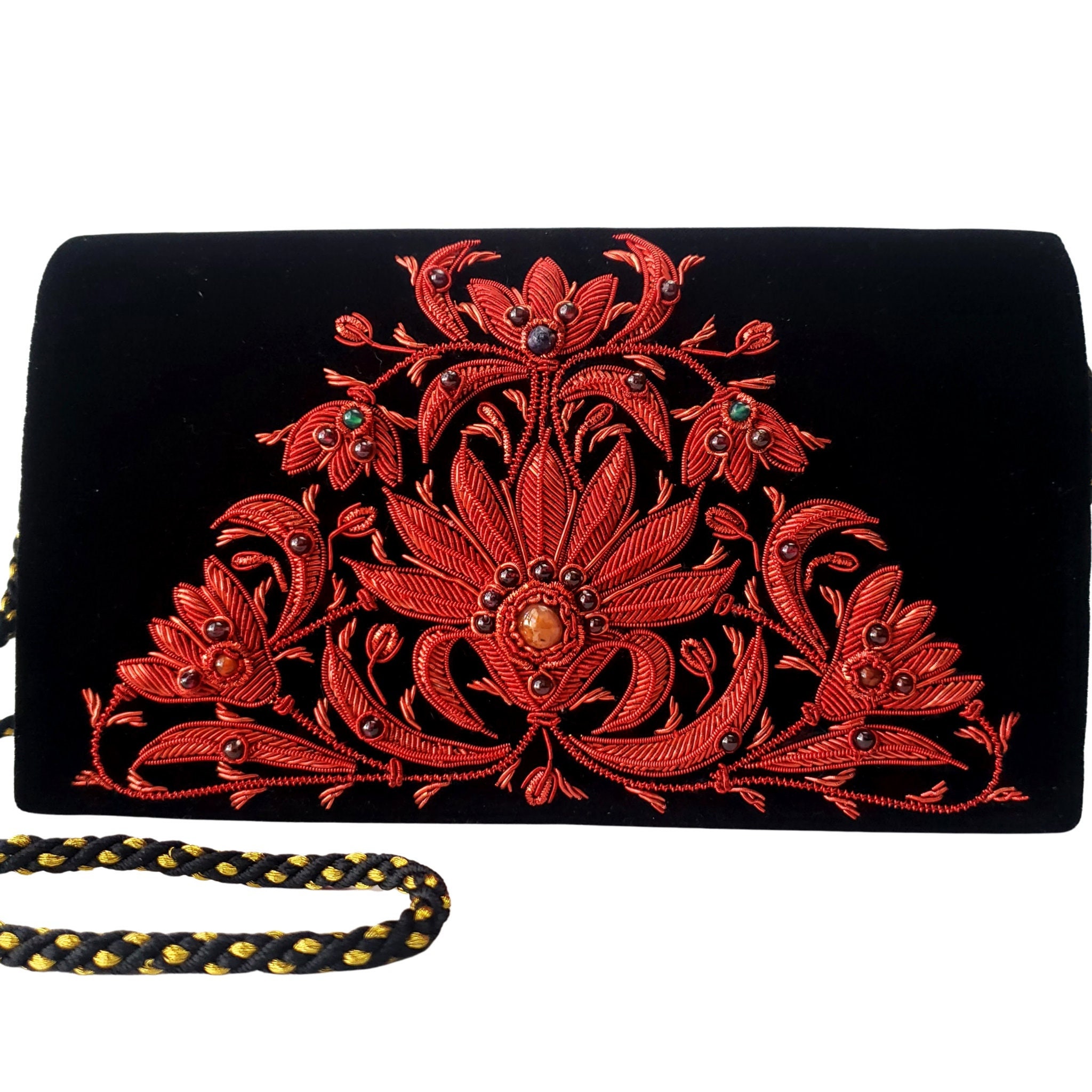 Luxury red and black floral evening bag, embroidered OOAK statement clutch,  gemstone purse, India purse