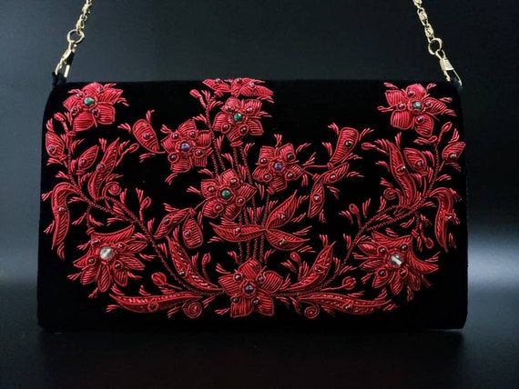 Red and Black Embroidered Women\'s Bag Embroidered Floral Leather Shoulder Bag, Red & Black Boho  main image 3