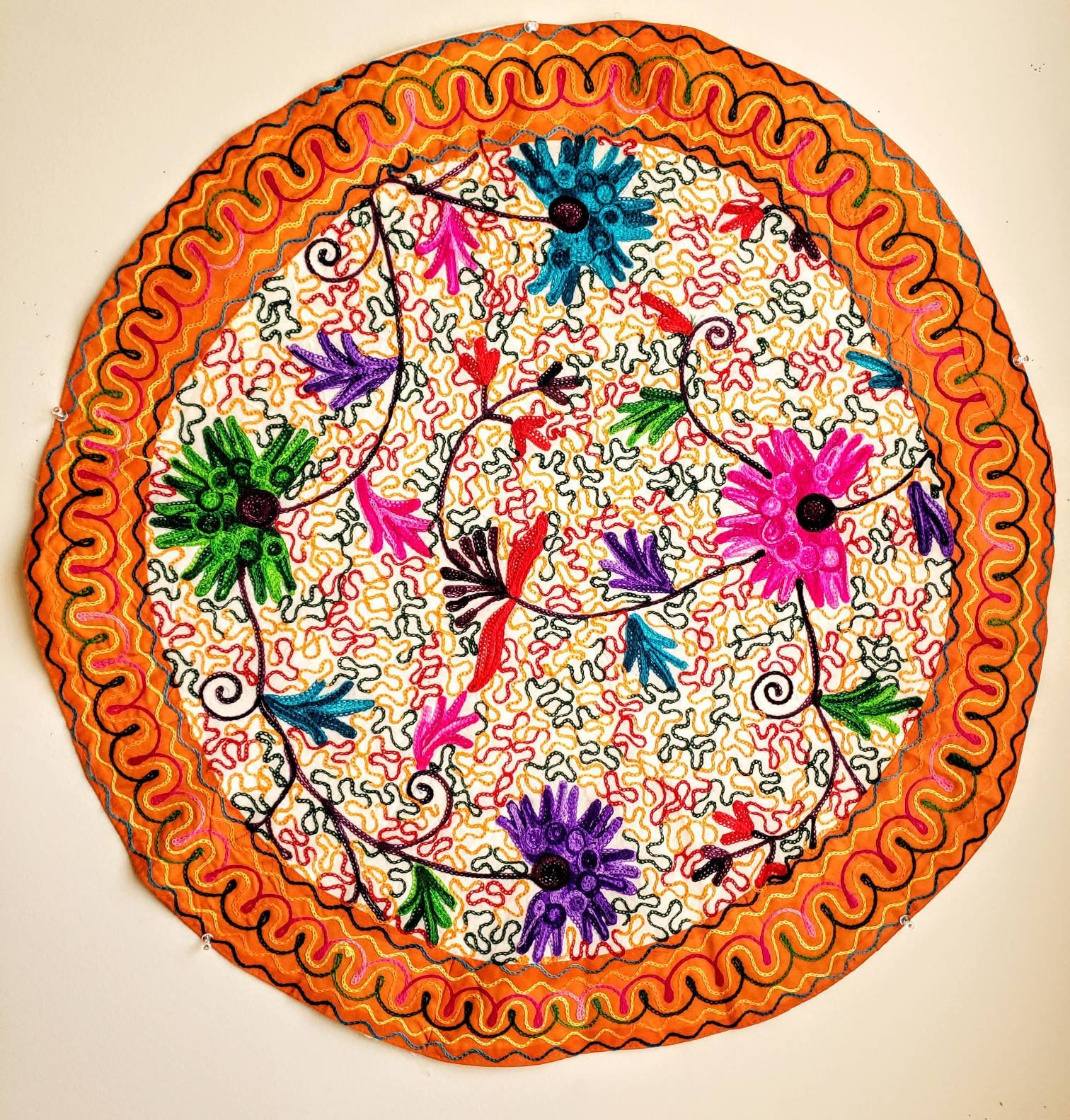 Round floral embroidered India wall hanging tapestry, boho tapestry