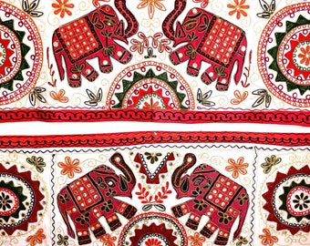 May include: Two embroidered fabric panels with a white background and red borders. Each panel features two red elephants with intricate details and mirrored accents. The elephants are surrounded by floral and geometric patterns in shades of red, green, and gold.