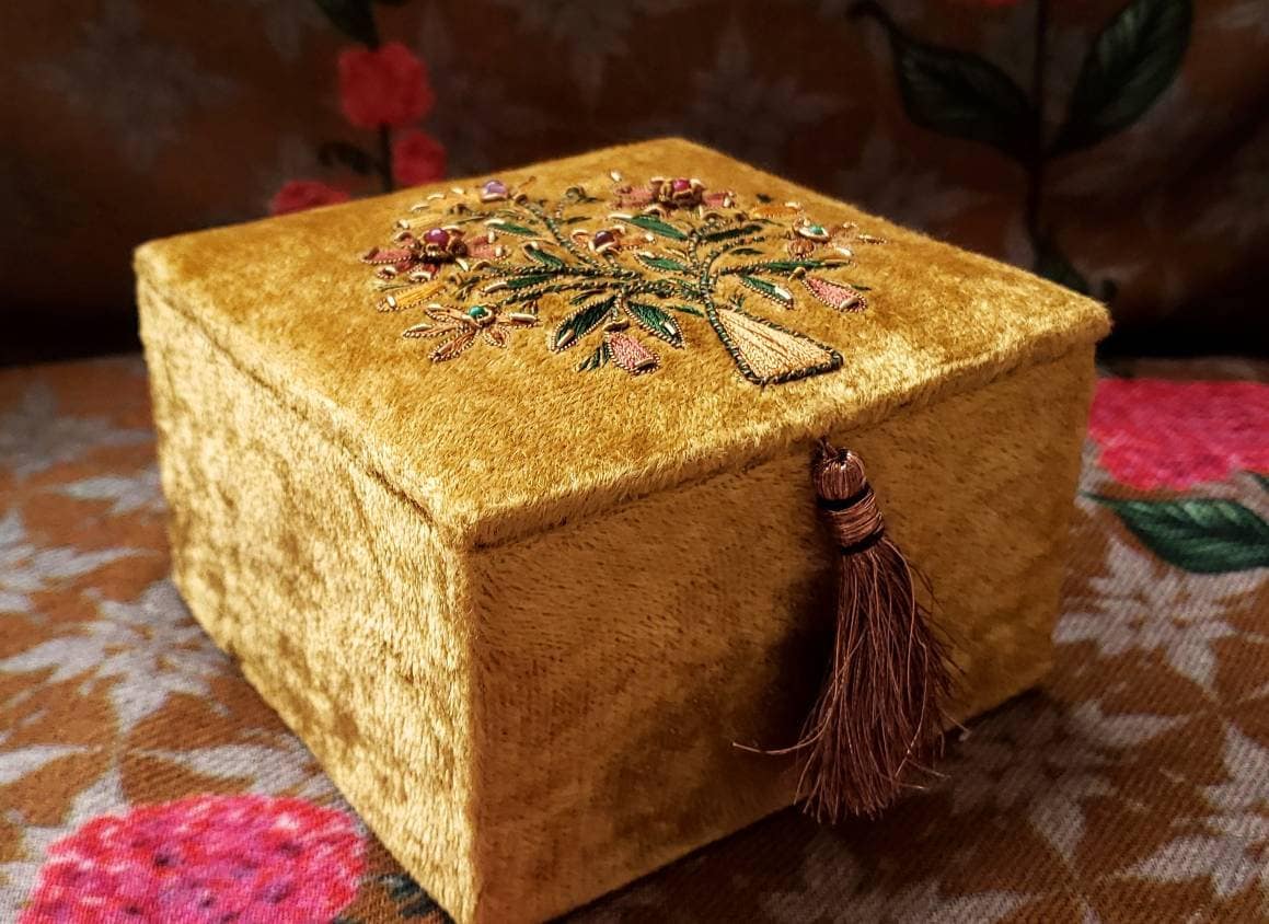 Gold velvet handmade embroidered Jewelry box, velvet gift box, ring box,wedding ring box