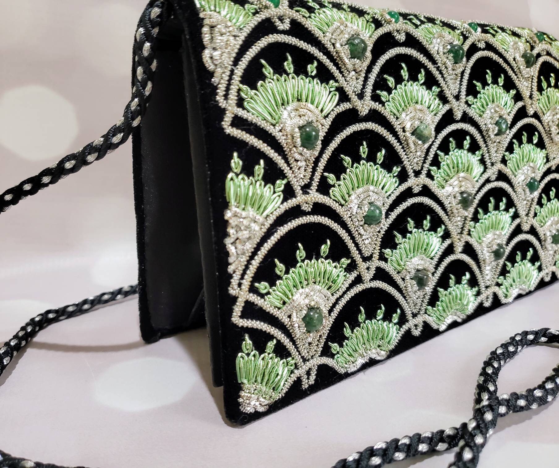Green silver embroidered black velvet evening bag,embellished