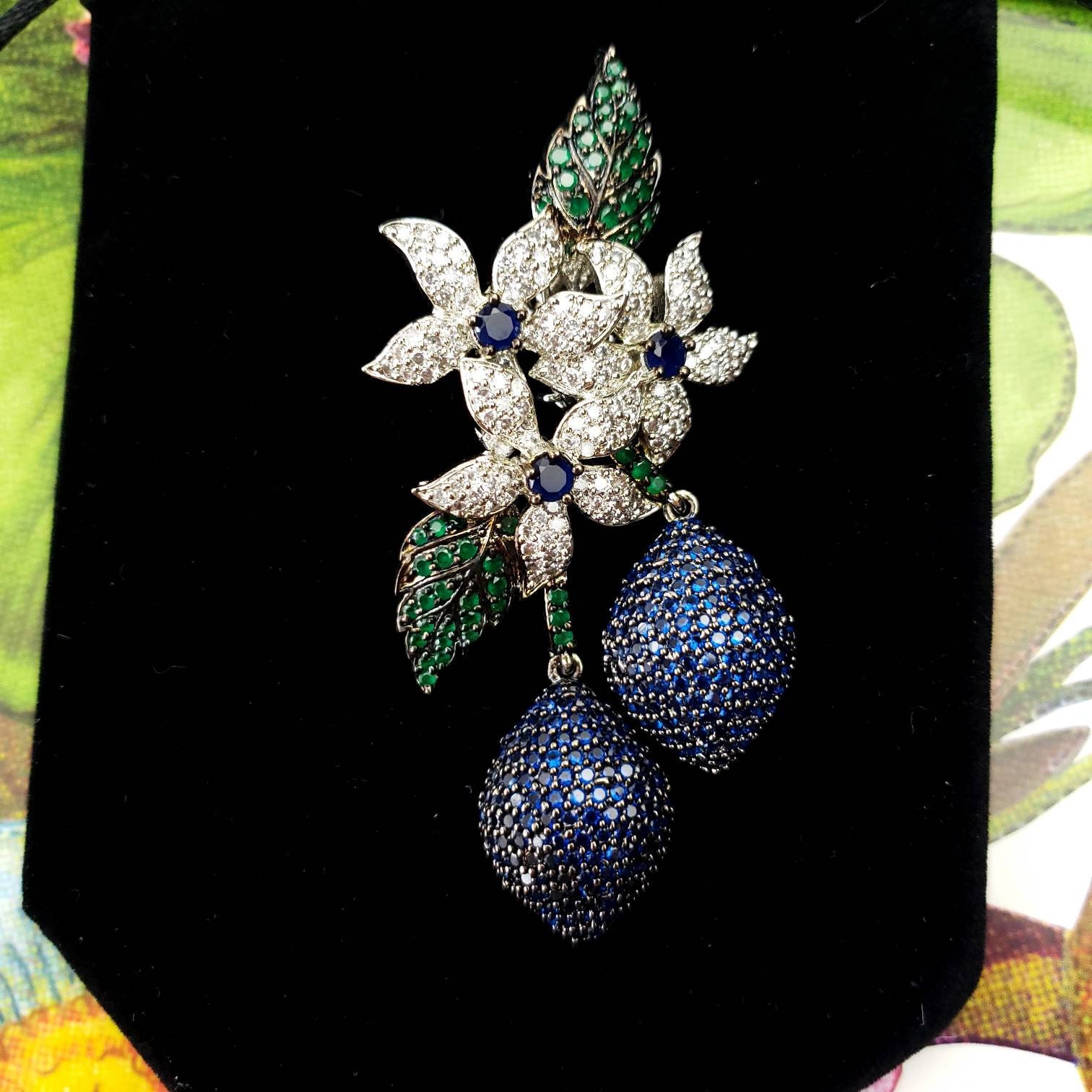 Large crystal flower dangle earrings with fruit, blue sapphire plum