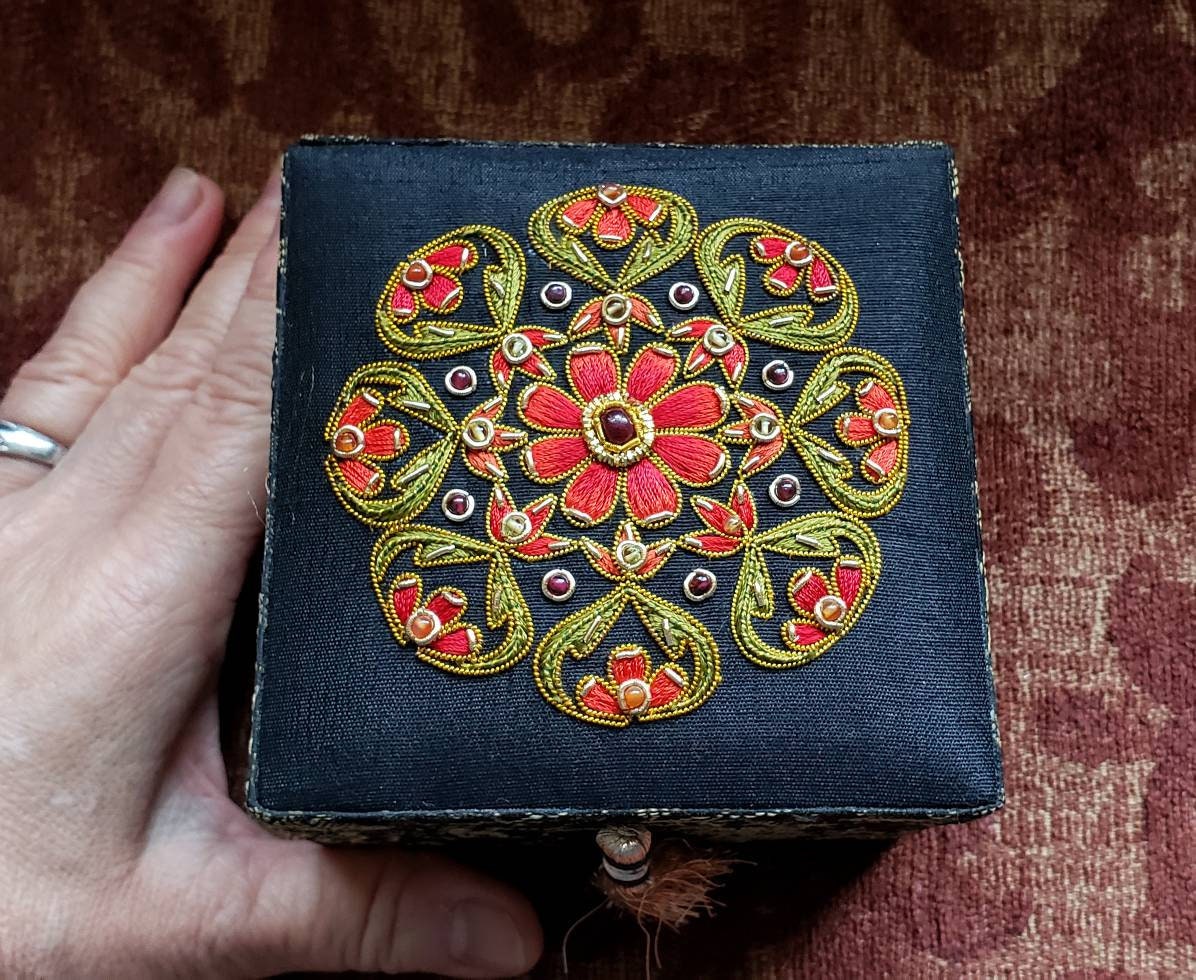 Black silk handmade embroidered Jewelry box, silk gift box, wedding