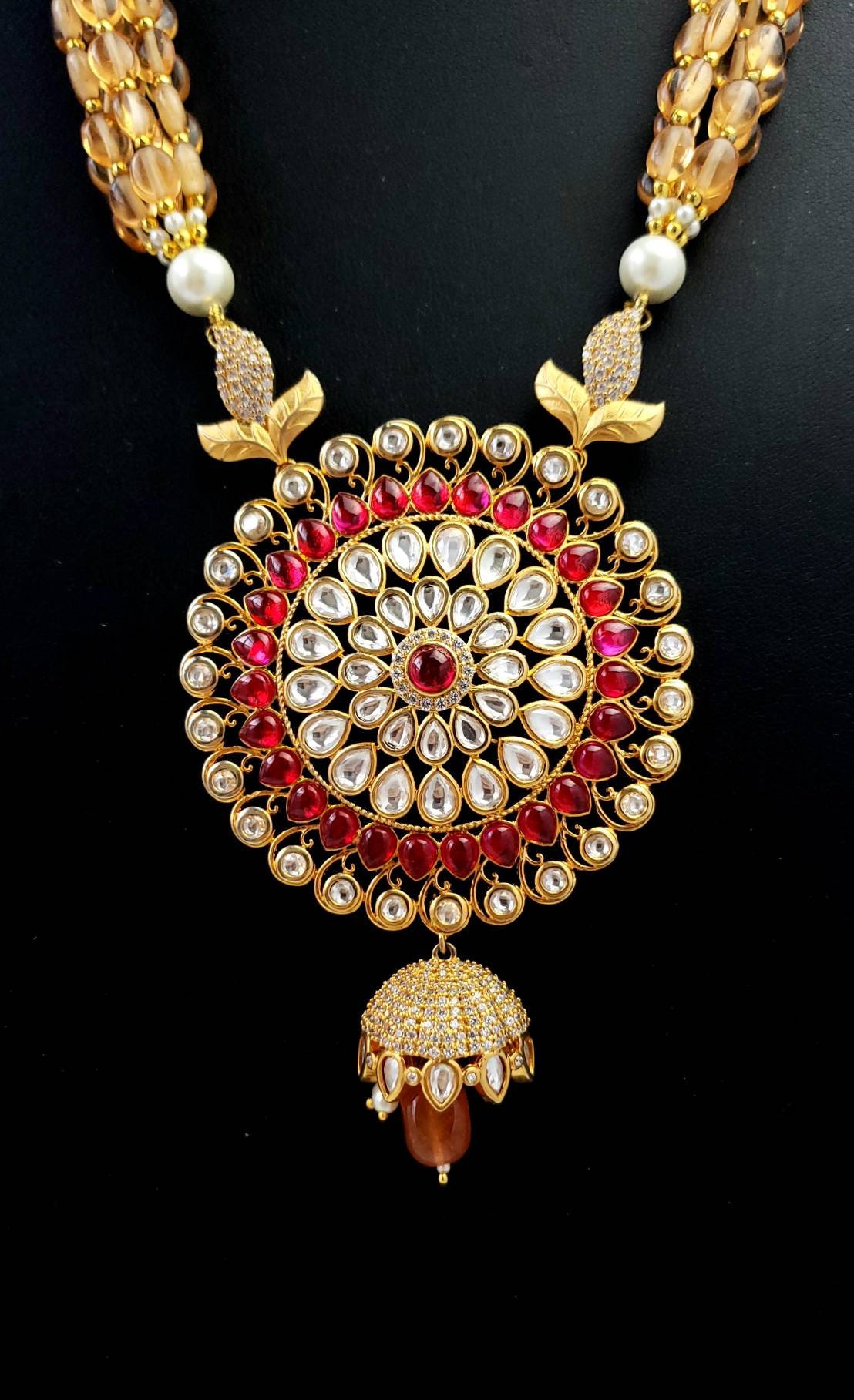 Fine kundan ruby beaded necklace set, Indian jewelry, Indian necklace set with stones, gold