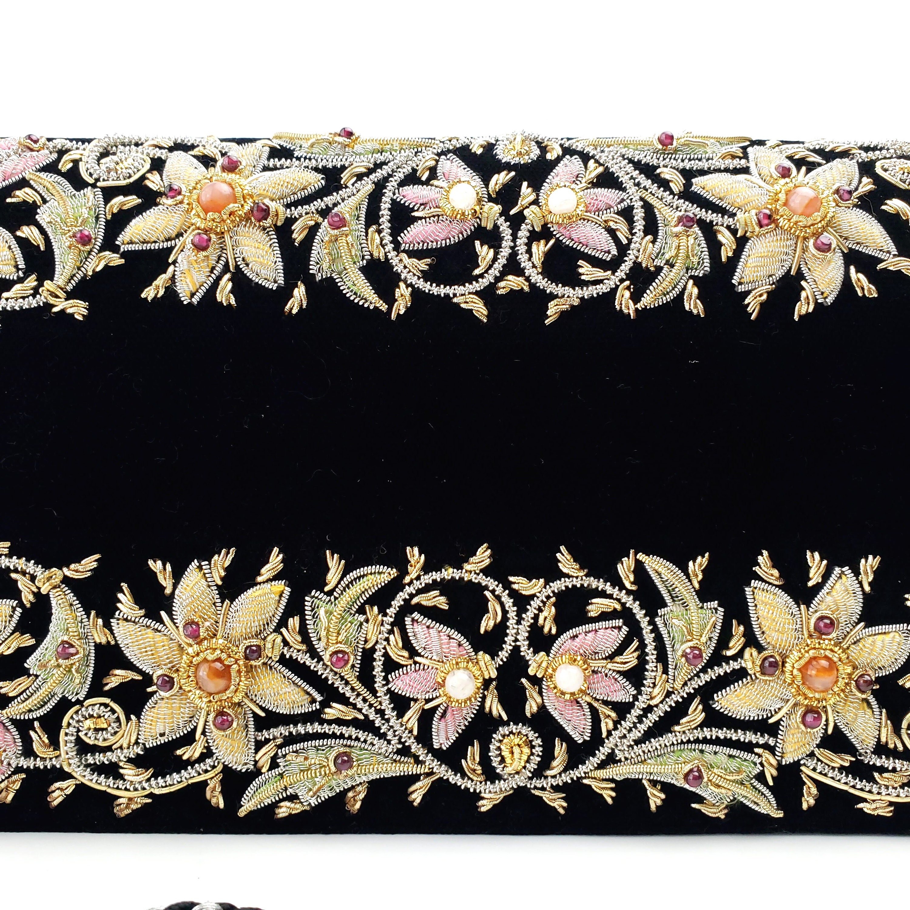 Hand embroidered floral clutch bag, black velvet evening bag with ...