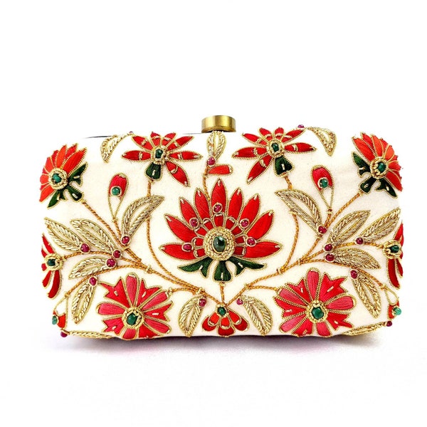 Ivory velvet box clutch minaudiere with red flowers,bridal clutch, wedding purse, zardozi handbag, emerald embellished clutch, jewel purse