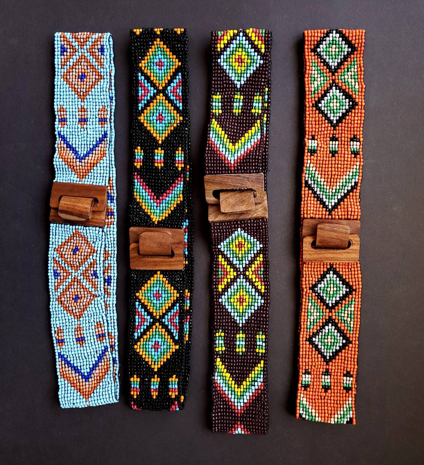 Colorful beaded belt, elastic stretch belt, Native American design belt