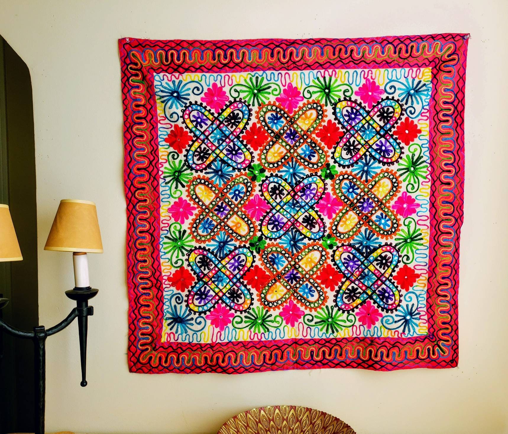 Colorful Indian embroidered tapestry wall hanging in floral geometric pattern, bohemian wall 