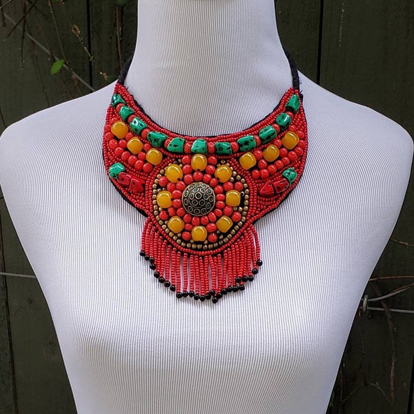 Tibetan beaded bib collar necklace, statement necklace, red beaded necklace, chunky tribal necklace, Nepal necklace boho hippie beach ethnic