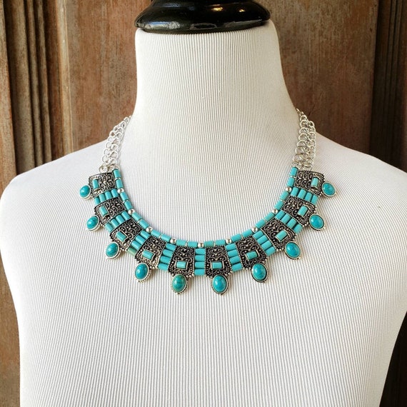 Egyptian Style Teardrop Fringe Bib Necklace Stone Bead Blue Turquoise Gold  Chain | eBay