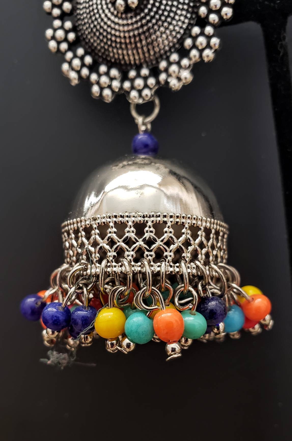 Indian beaded jhumka earrings, India oxidized silver jewelry, bohemian