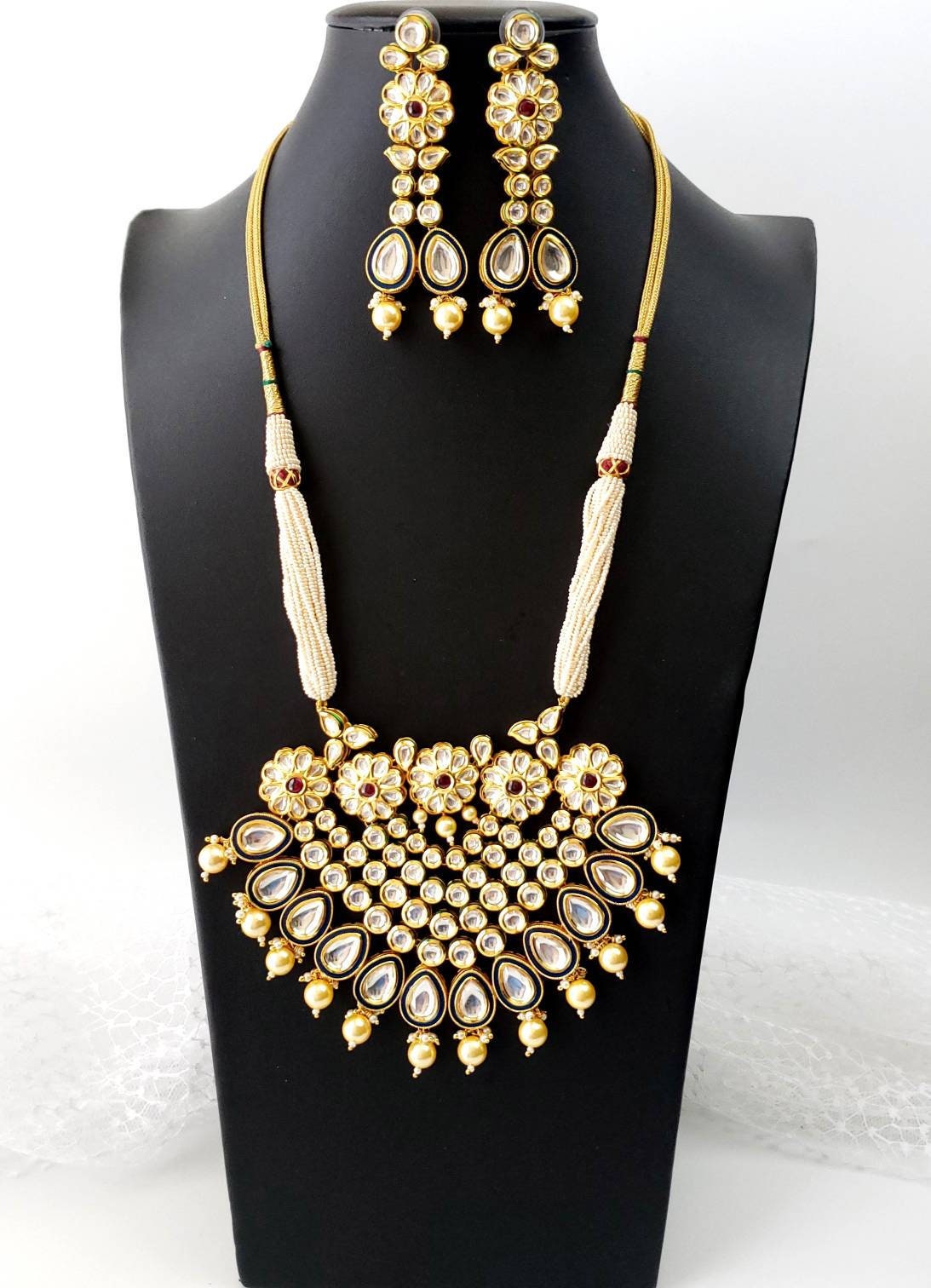 Large gold tone Indian kundan rani haar necklace set with white ...