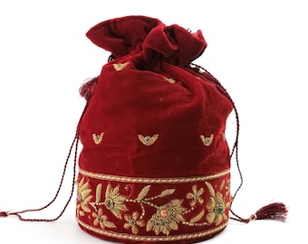 Embroidered Velvet Potli Bag: Red Zardozi India Wedding Purse