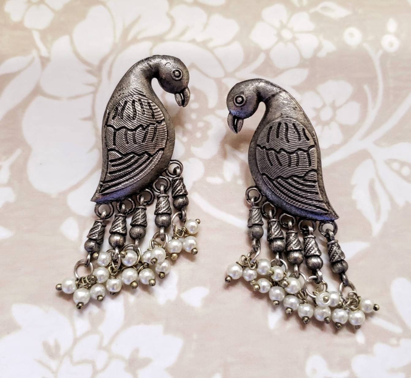 India bird jhumka earrings in oxidized silver, parrot earrings, bird
