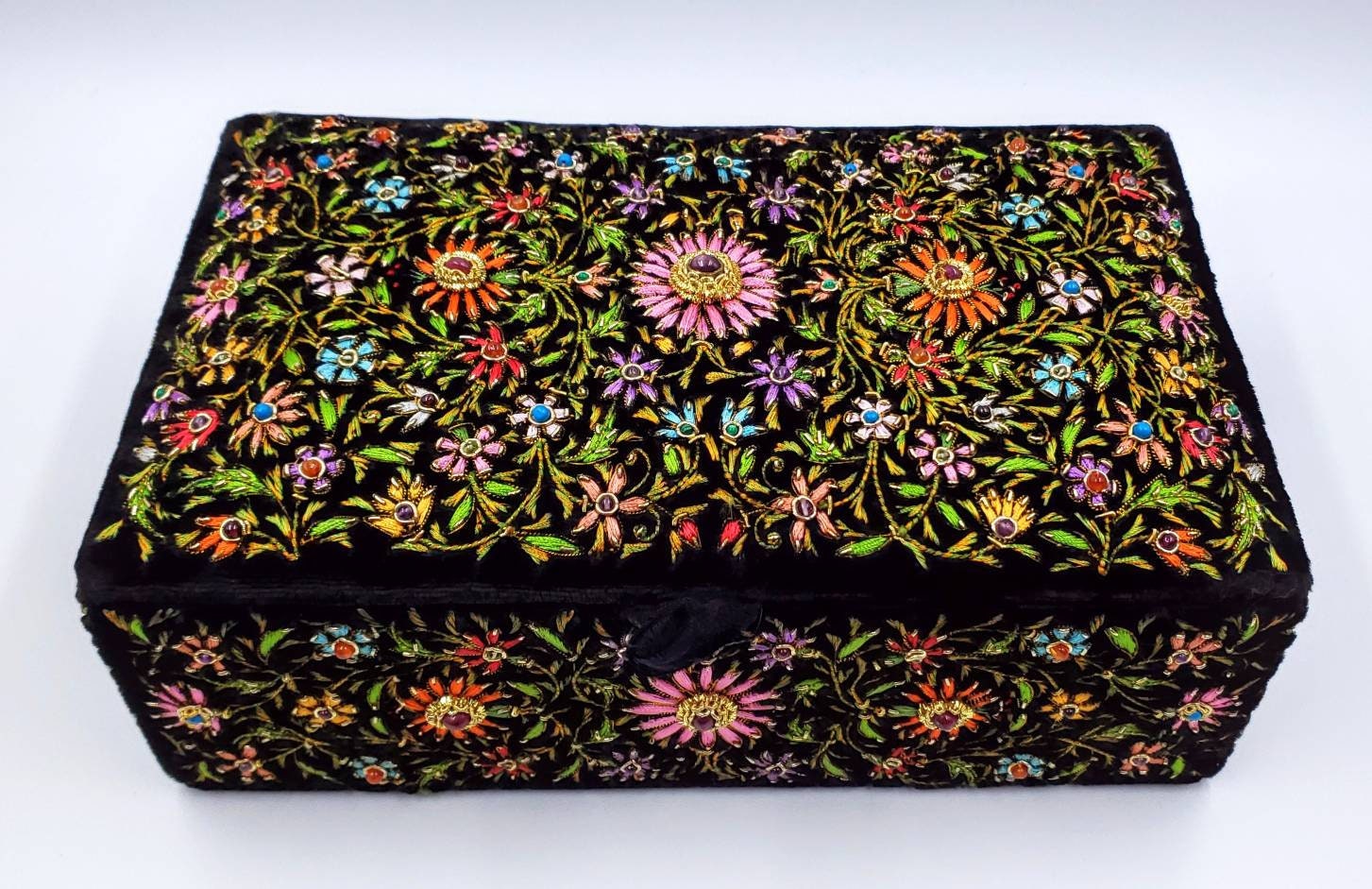 Handmade floral embroidered jewelry box, jeweled box with star rubies