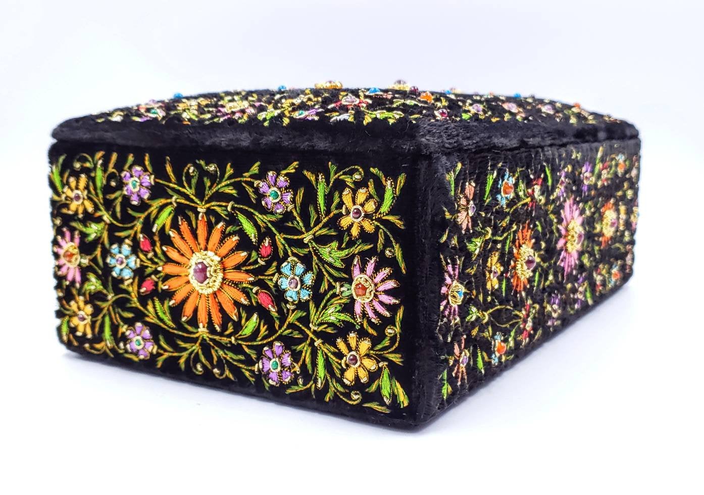 Handmade floral embroidered jewelry box, jeweled box with star rubies