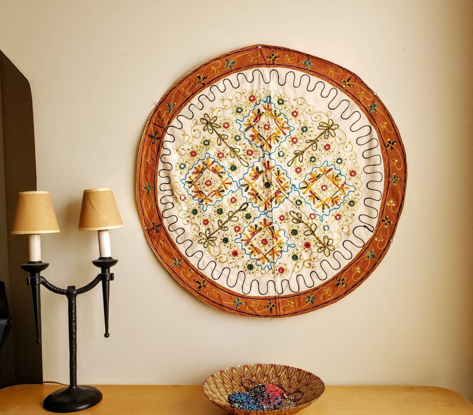 Round floral embroidered bohemian wall decor tapestry sequins, India
