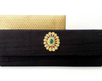 Zardozi Embroidered Black Silk Clutch: Green Onyx & Garnets
