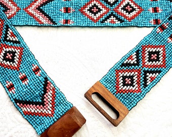Beaded elastic stretch belt, colorful western wear belt, rodeo accessory, African beaded belt, adjustable cinch belt with wood buckle