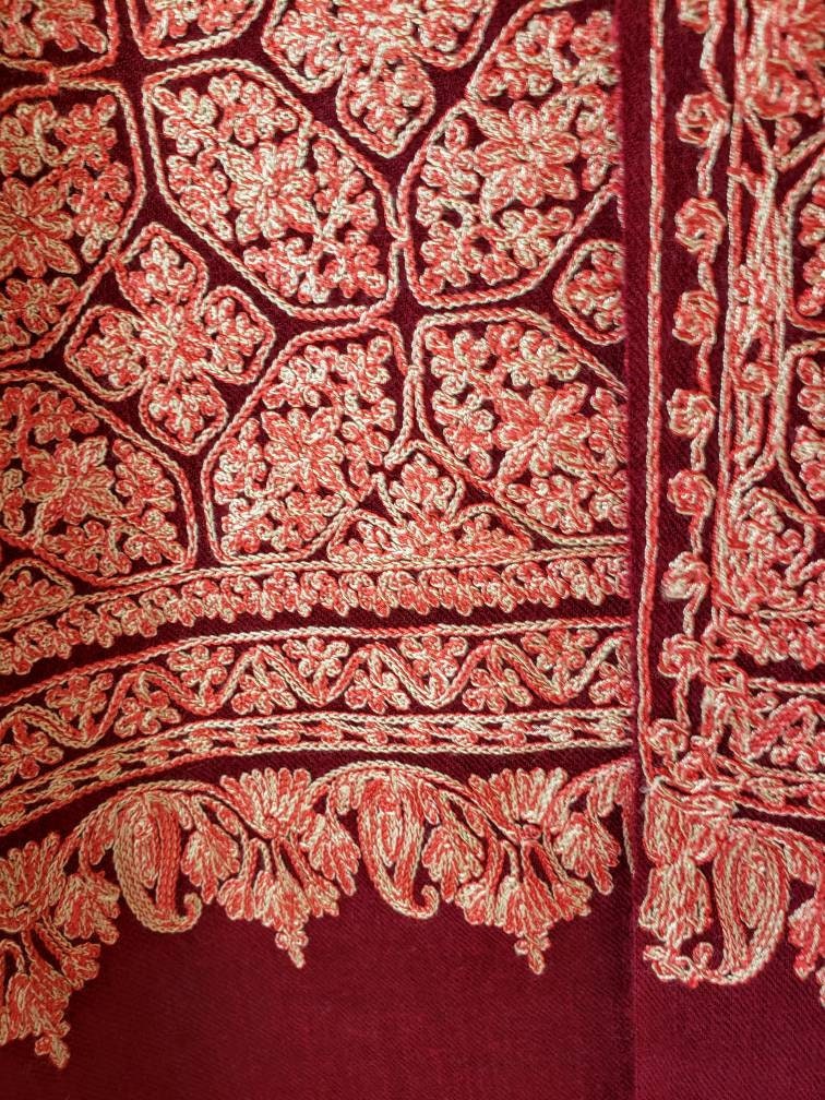 Embroidered burgundy wool shawl, Kashmir shawl, embroidered wool wrap ...