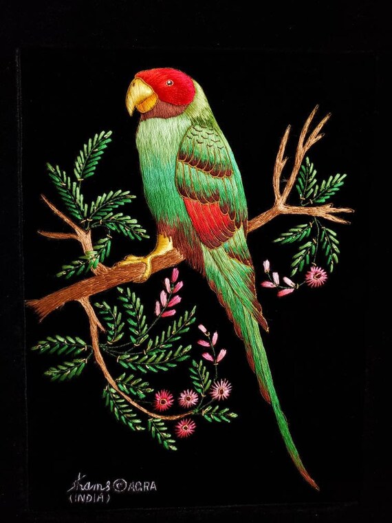 Hand Embroidered Parrot On Black Velvet Home Decor - Parrot Home Decor Hand Embroidered Parrot On Black Velvet Home Decor - Parrot Home Decor