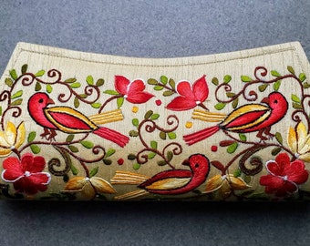 Beige silk clutch embroidered with birds, red yellow bird purse, lightweight bird clutch, gift for bird lover, gift for her,gift for mother