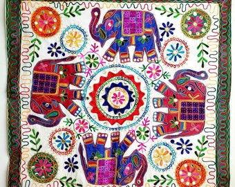 Colorful elephant embroidered wall hanging tapestry, India wall art, bohemian home decor, elephant lover gift,elephant tablecloth,dorm decor