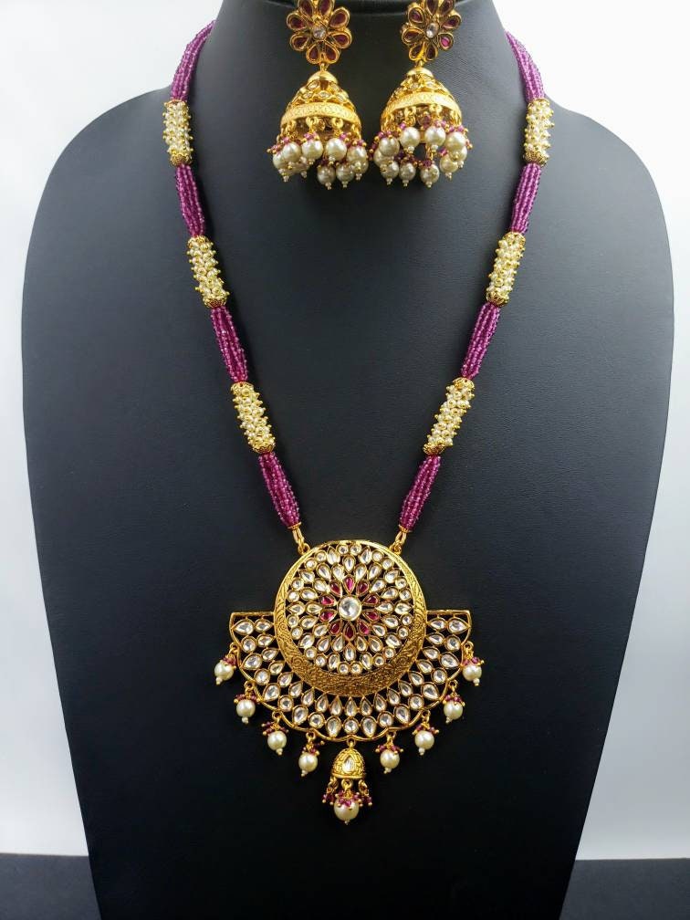 Kundan and pearl pendant necklace set, polki necklace, Indian jewelry
