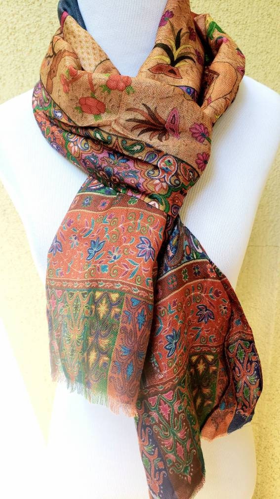 Printed Kashmiri shawl, Kalamkari style pashmina shawl, safari hunting ...