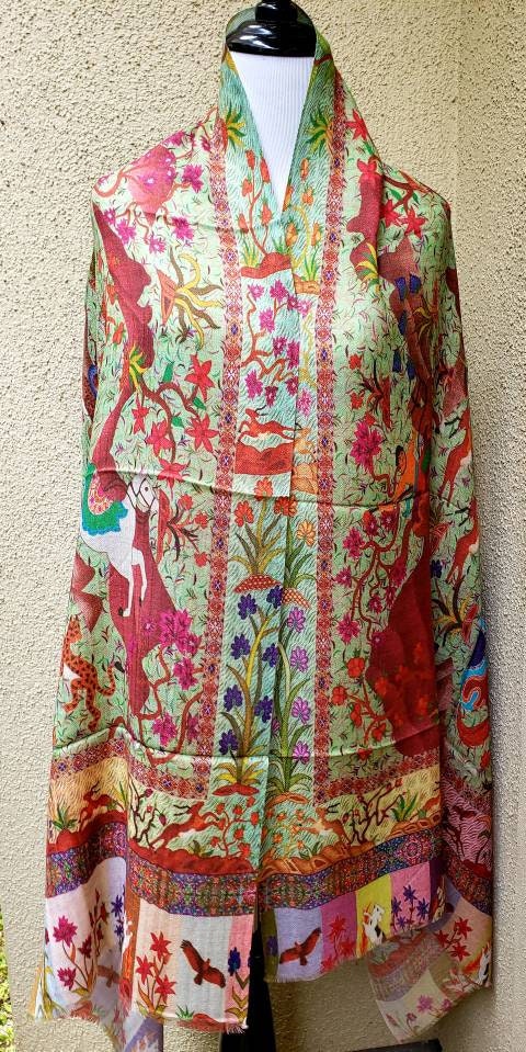Printed hunting scene shawl, colorful pashmina shawl, Kashmiri animal ...