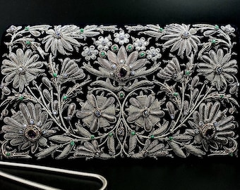 Zardozi Velvet Evening Bag: Antique Silver Floral Embroidered Clutch