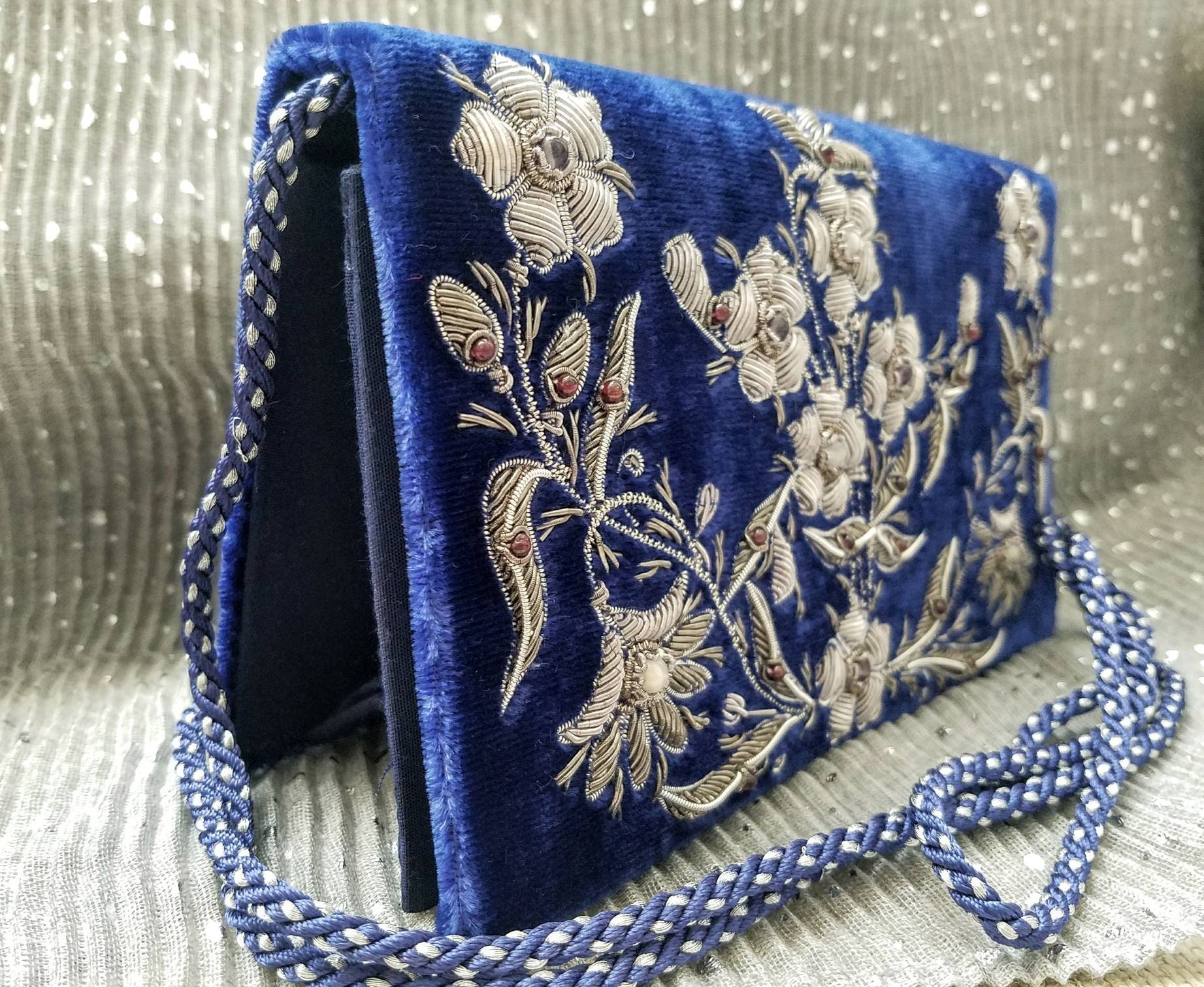 Blue velvet embroidered evening bag, Zardozi purse, Zardozi clutch