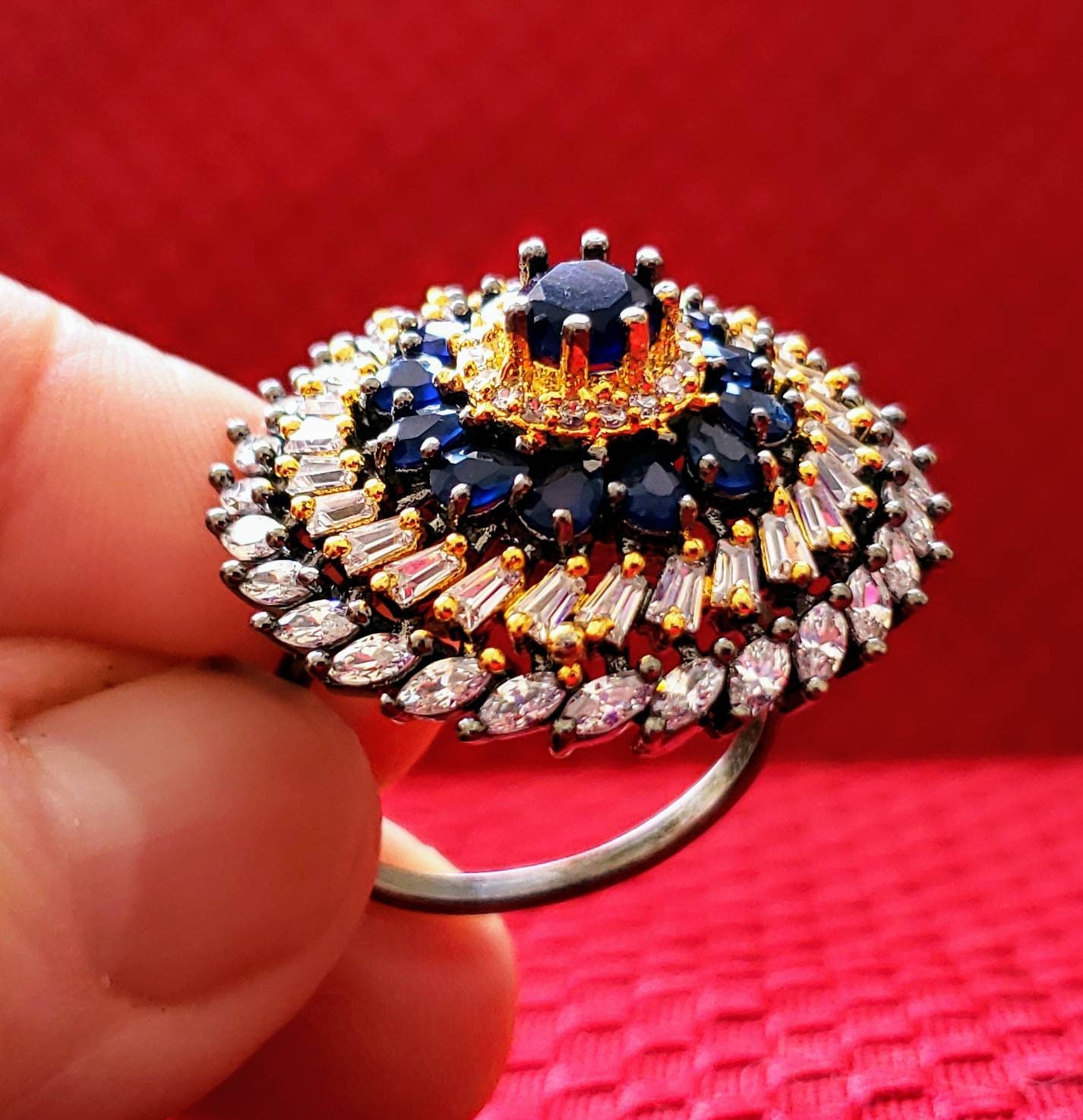 Large crystal statement ring, faux diamond and blue sapphire fashion