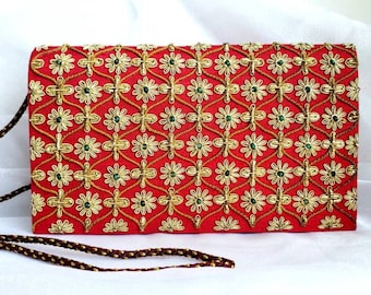 Red Silk Clutch: Gold Embroidered Floral Evening Bag, Zardozi Handbag