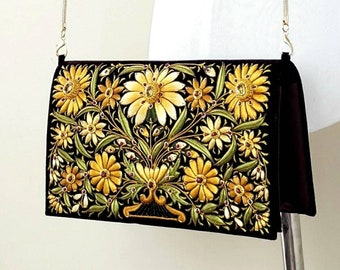 Embroidered Velvet Evening Bag: Floral Zardozi Clutch with Citrine & Ruby