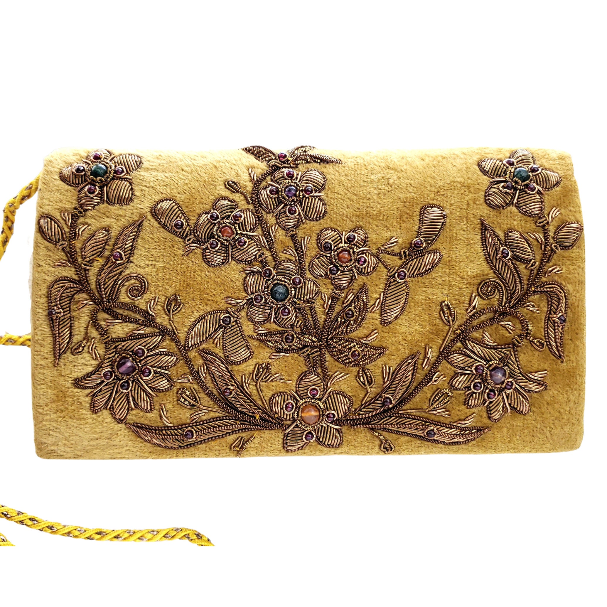 Bolso de terciopelo amarillo mostaza bordado con estampado floral