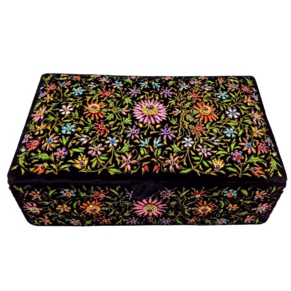 Handmade floral embroidered jewelry box, jeweled box with star rubies, handcrafted jewelry box, keepsake box, heirloom box, gift for her