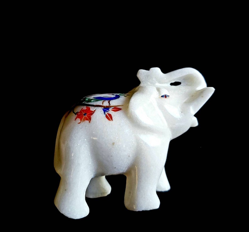 White Hard Marble Pietra Dura Inlay Elephant Handmade Statue Home Decor Gift 
