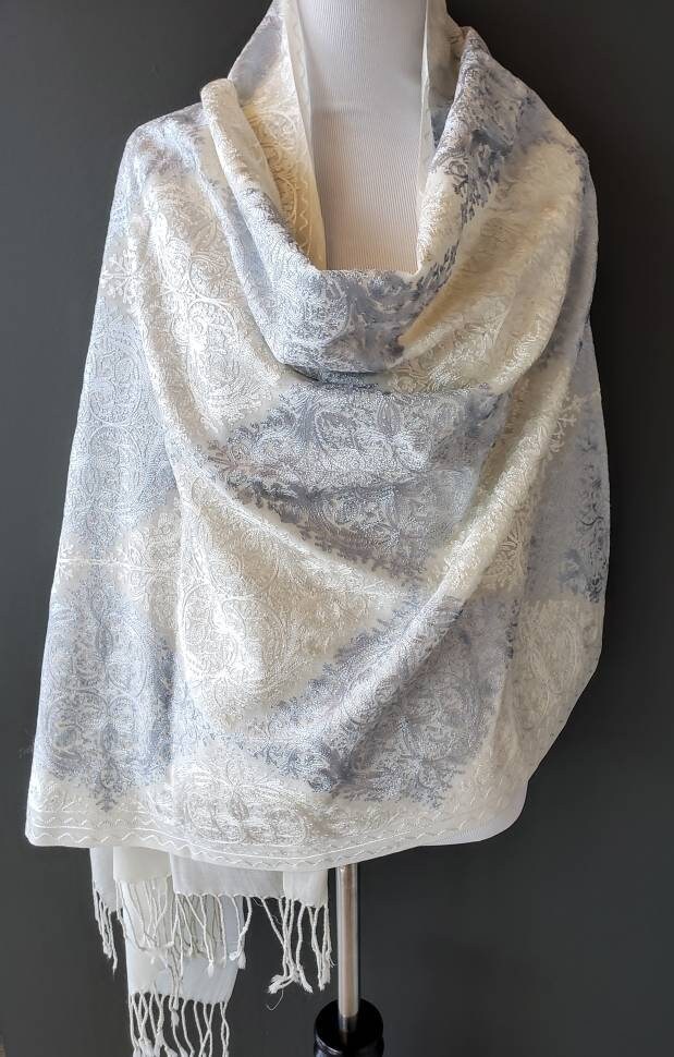 Embroidered blue and ivory wool wedding shawl, formal shawl, luxury ...