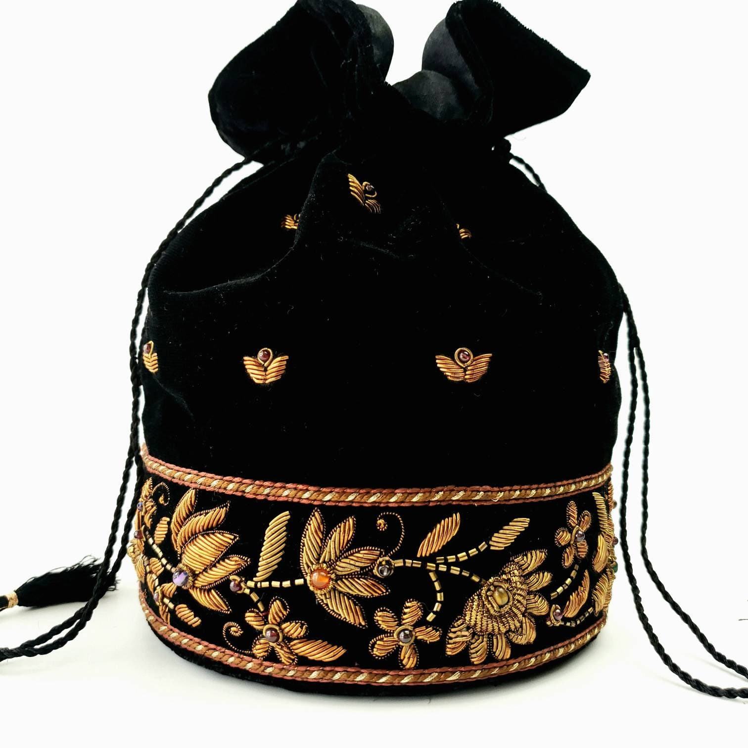 Black Velvet Zari Embroidered Potli Bag: Big Paisley Design